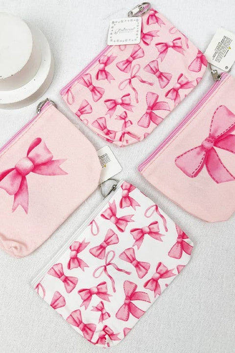 Bow Design Coin Purse, Stylish Pink Croquette Print Accessory, Perfect for Coins and Small Items, Gift for Preppy Style Lovers