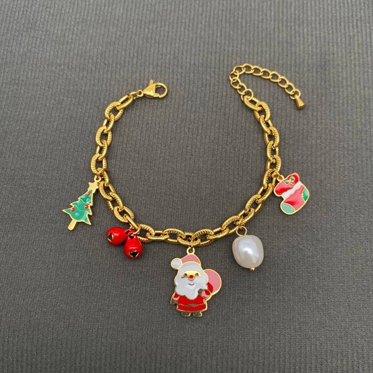 18K Gold Plated S.Steel Santa Christmas Charm Bracelet - FGS - Nifty Decor & More