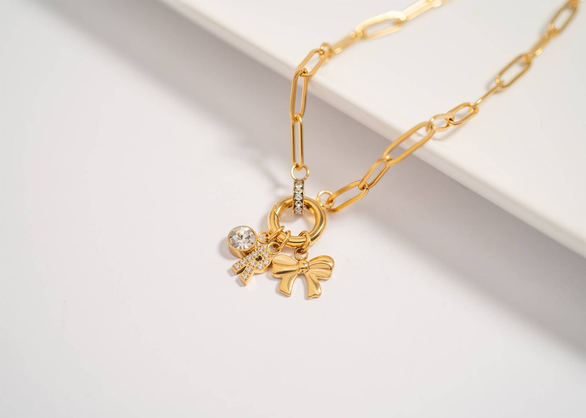 18K Gold PVD Paperclip Rhinestone Charm Holder Necklace - Nifty Decor & More