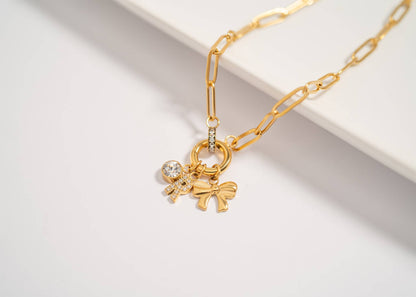 18K Gold PVD Paperclip Rhinestone Charm Holder Necklace Chain Necklace