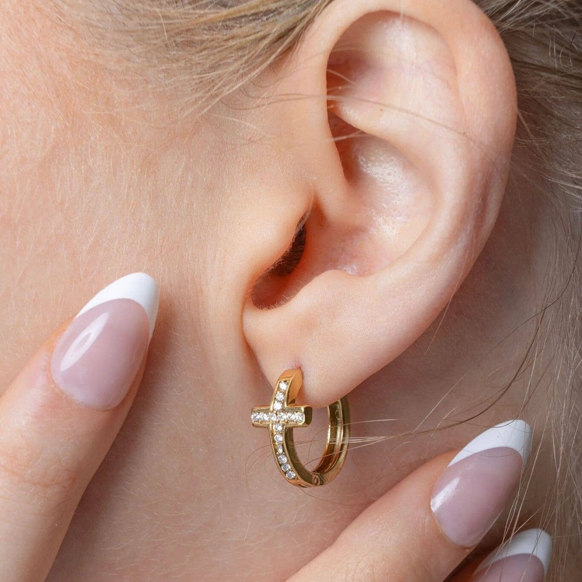 18K Gold PVD Stainless Steel Stone Cross Huggies Earrings - Nifty Decor & More