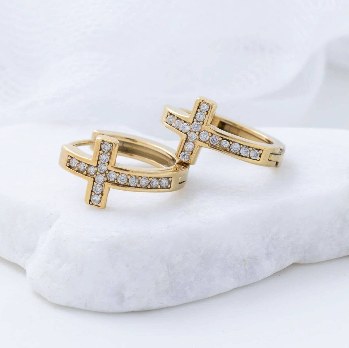 18K Gold PVD Stainless Steel Stone Cross Huggies Earrings - Nifty Decor & More