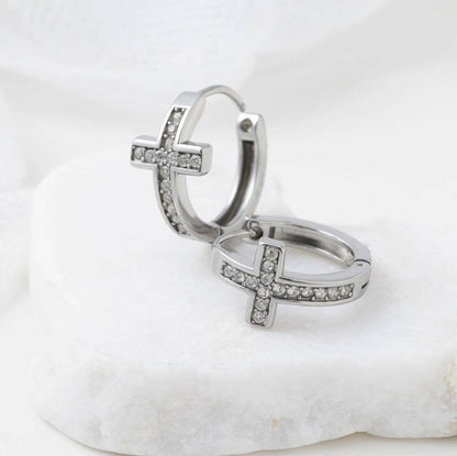 18K Gold PVD Stainless Steel Stone Cross Huggies Earrings - Nifty Decor & More