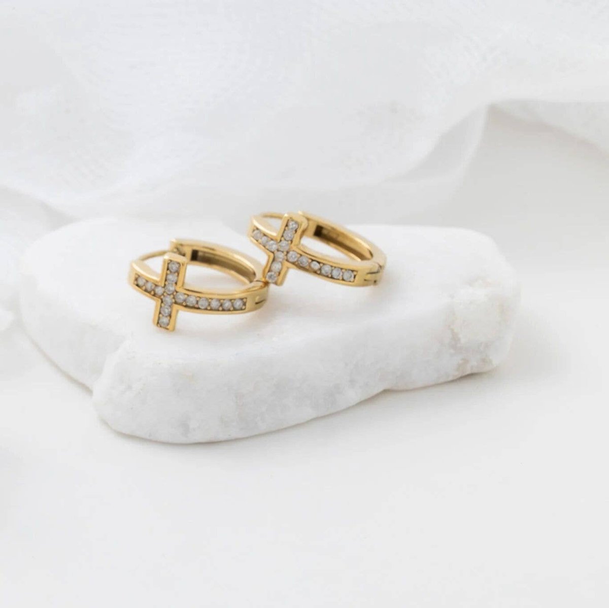 18K Gold PVD Stainless Steel Stone Cross Huggies Earrings - Nifty Decor & More