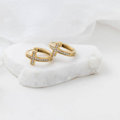 18K Gold PVD Stainless Steel Stone Cross Huggies Earrings - Nifty Decor & More