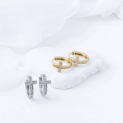 18K Gold PVD Stainless Steel Stone Cross Huggies Earrings - Nifty Decor & More