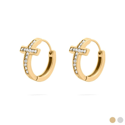 18K Gold PVD Stainless Steel Stone Cross Huggies Earrings - Nifty Decor & More