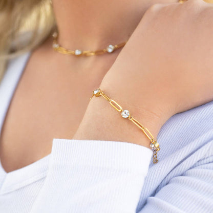 18K Gold PVD Station Stone Stone Paperclip Chain Bracelet Bracelet Chain