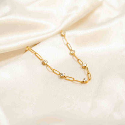 18K Gold PVD Steel Station Stone Paperclip Chain Necklace| 14" +02" Chain Necklace
