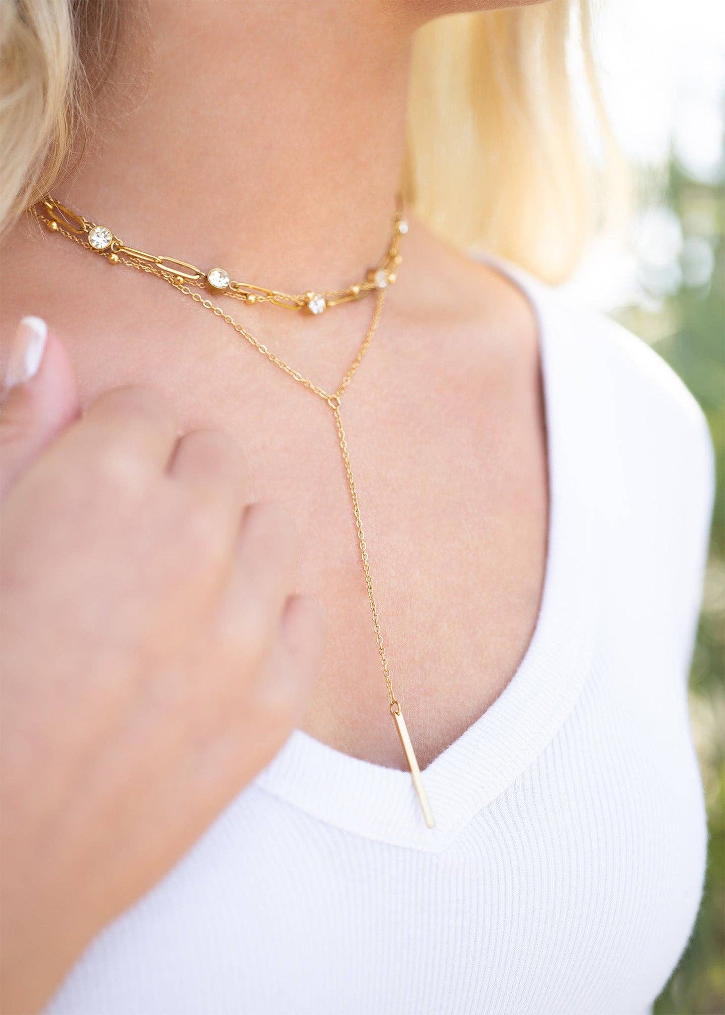 18K Gold PVD Steel Station Stone Paperclip Chain Necklace| 14" +02" - Nifty Decor & More