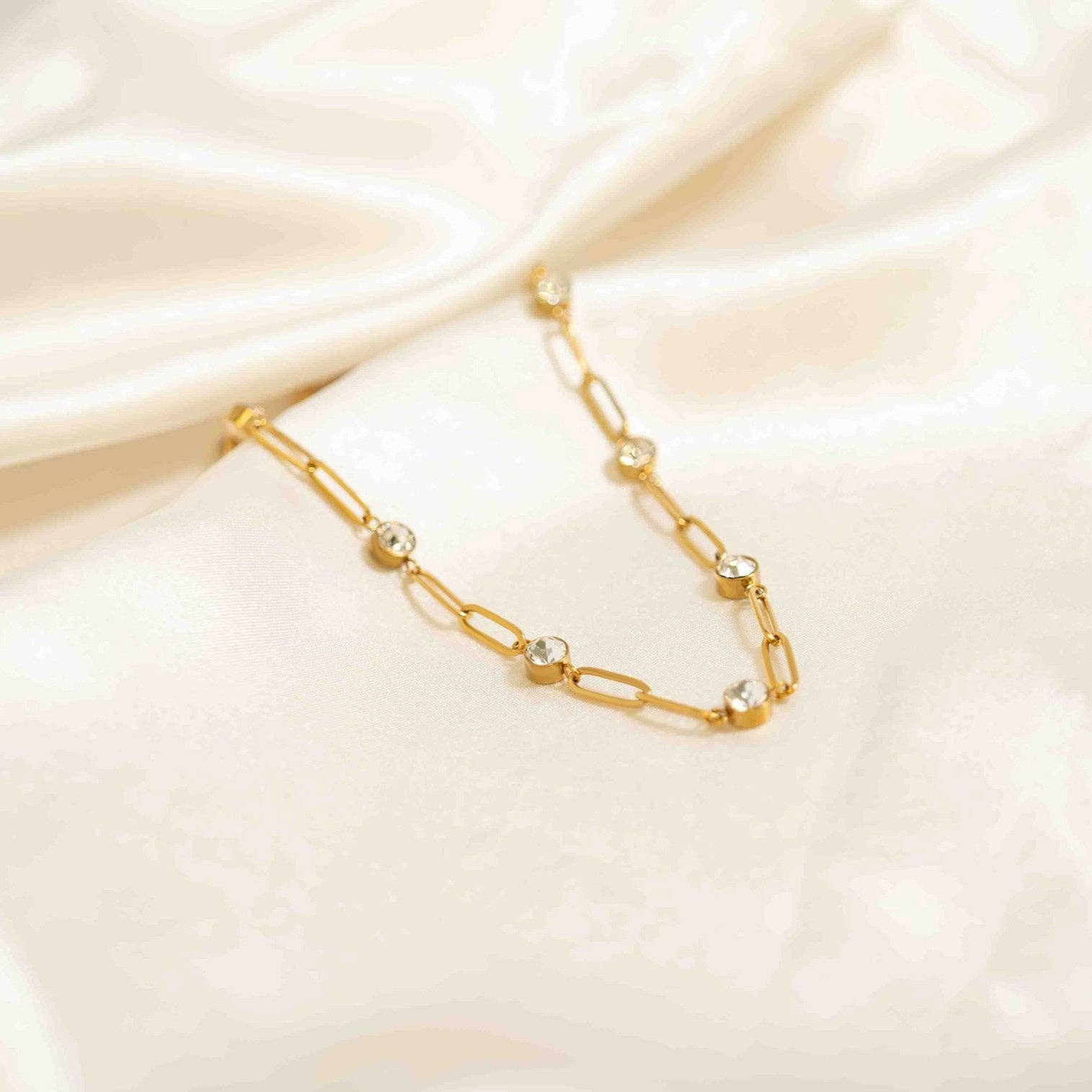 18K Gold PVD Steel Station Stone Paperclip Chain Necklace| 14" +02" - Nifty Decor & More