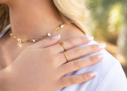 18K Gold PVD Steel Station Stone Paperclip Chain Necklace| 14" +02" Chain Necklace