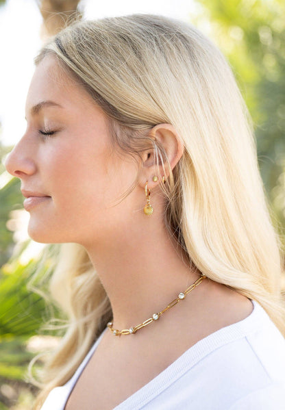 18K Gold PVD Steel Station Stone Paperclip Chain Necklace| 14" +02" Chain Necklace