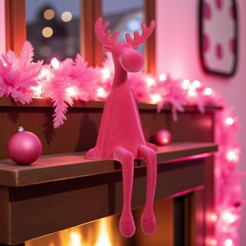 19" Hot Pink Flocked Sitting Moose - Nifty Decor & More