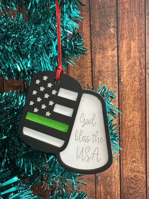 Military Dog Tag Ornaments  God Bless the USA  
