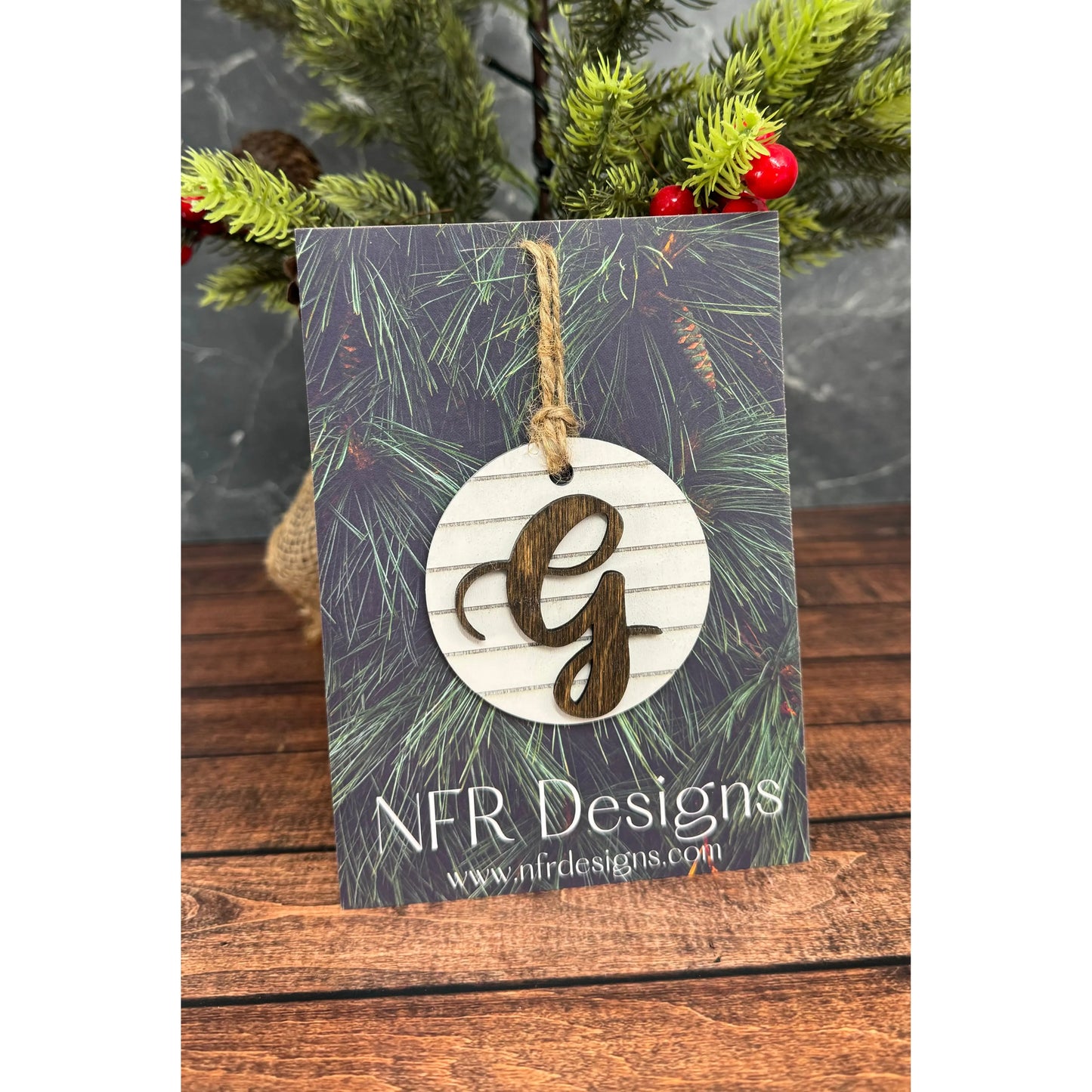 Shiplap Initial Christmas Ornament - Cursive Font Christmas Ornament G - Cursive Dark letter/White backing 