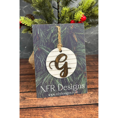Shiplap Initial Christmas Ornament - Cursive Font Christmas Ornament G - Cursive Dark letter/White backing 