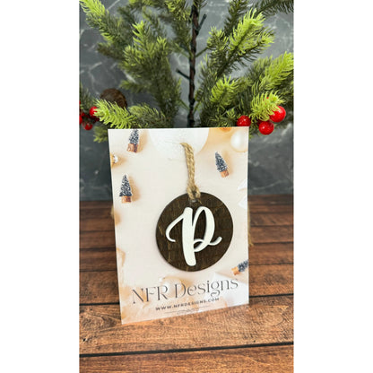 Farmhouse Initial Christmas Ornament, Personalized Wooden Monogram Ornament, Rustic Shiplap Tree Ornament, Custom Stocking Tag, Housewarming Gift Christmas Ornament P - Cursive White letter/Dark backing