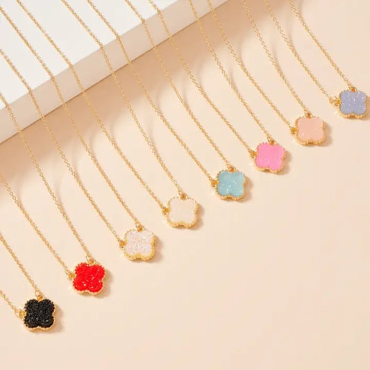 Flower Charm Druzy Stone Short Necklace