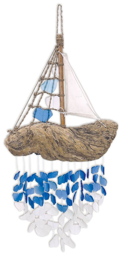 20" Bali Driftwood Boat Glass Wind Chime - Nifty Decor & More
