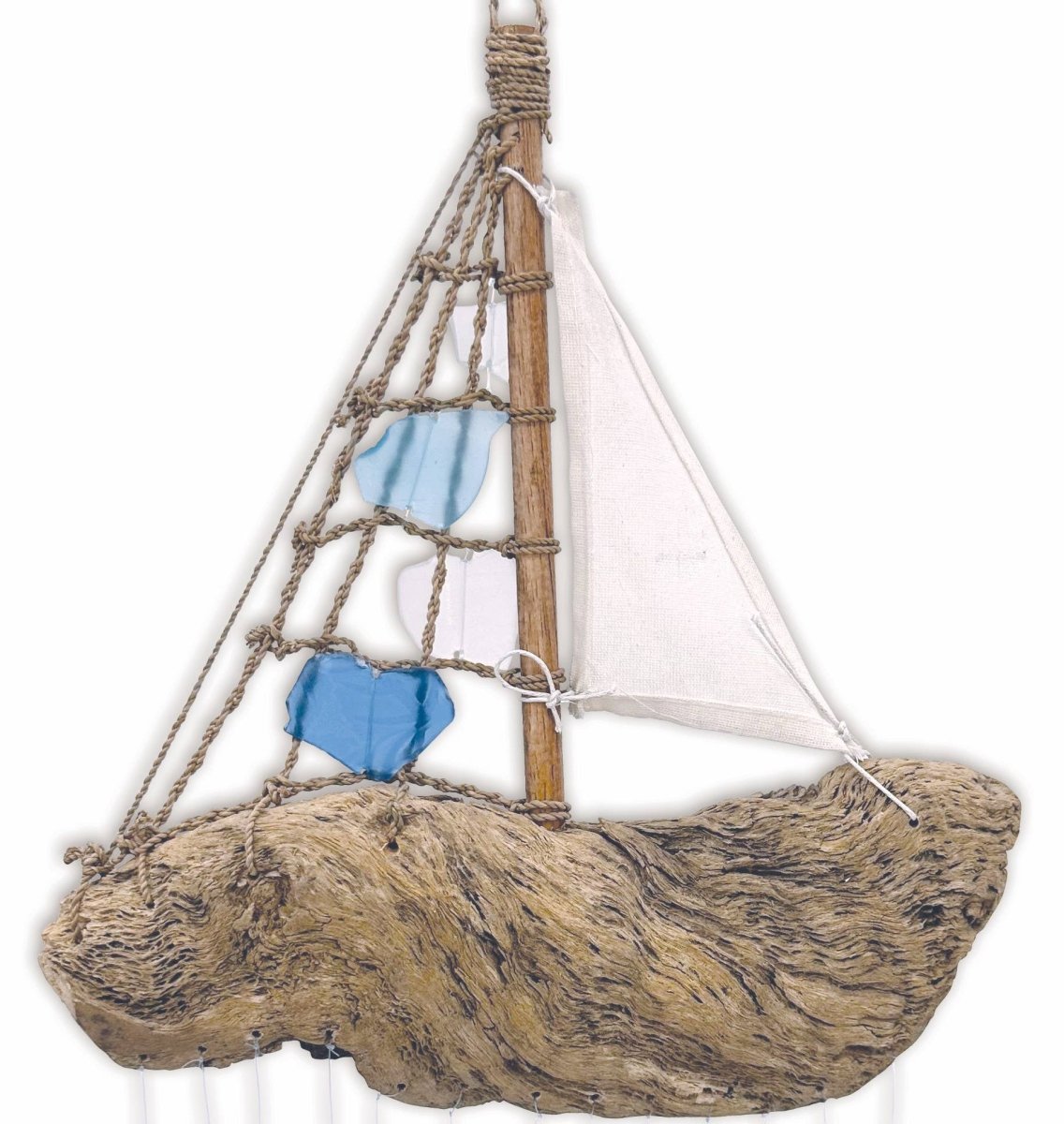 20" Bali Driftwood Boat Glass Wind Chime - Nifty Decor & More