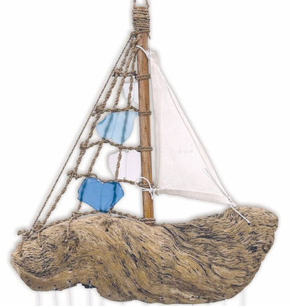 20" Bali Driftwood Boat Glass Wind Chime - Nifty Decor & More