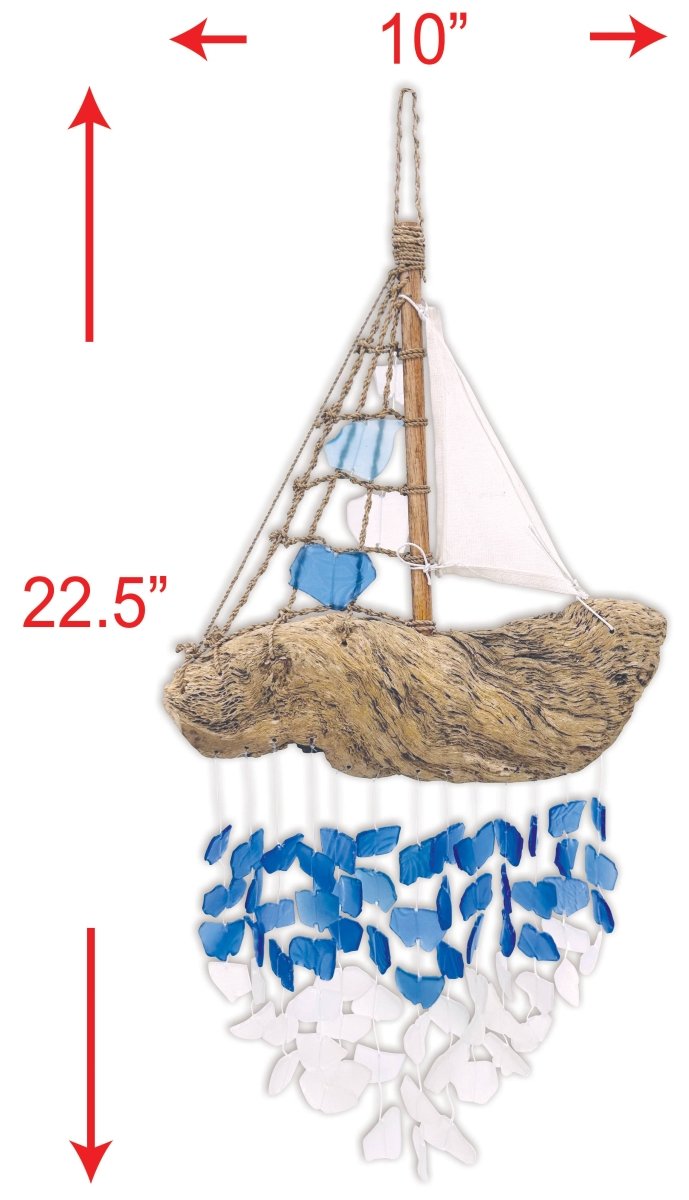 20" Bali Driftwood Boat Glass Wind Chime - Nifty Decor & More