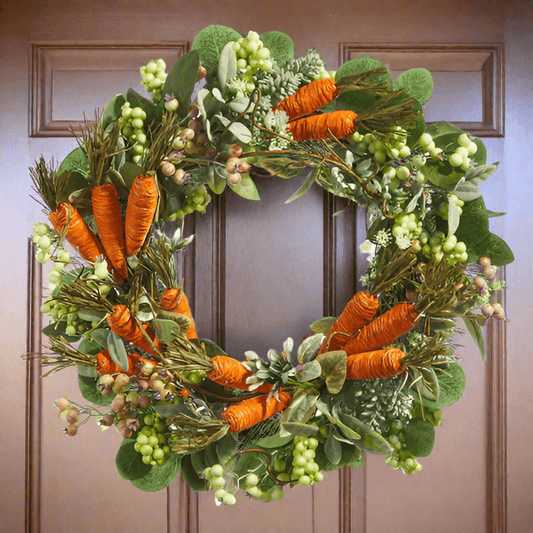 22" Carrot Wreath: Mixed Greenery & Berries Decoration for Spring, Easter, or Home Decor