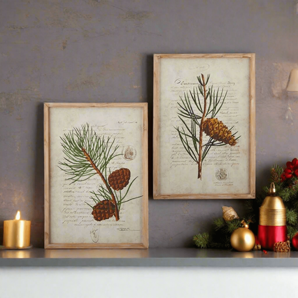 22" Pinecone Branch Framed Wood Wall Art - Rustic Winter Print by Tina Higgins - Nifty Decor & More