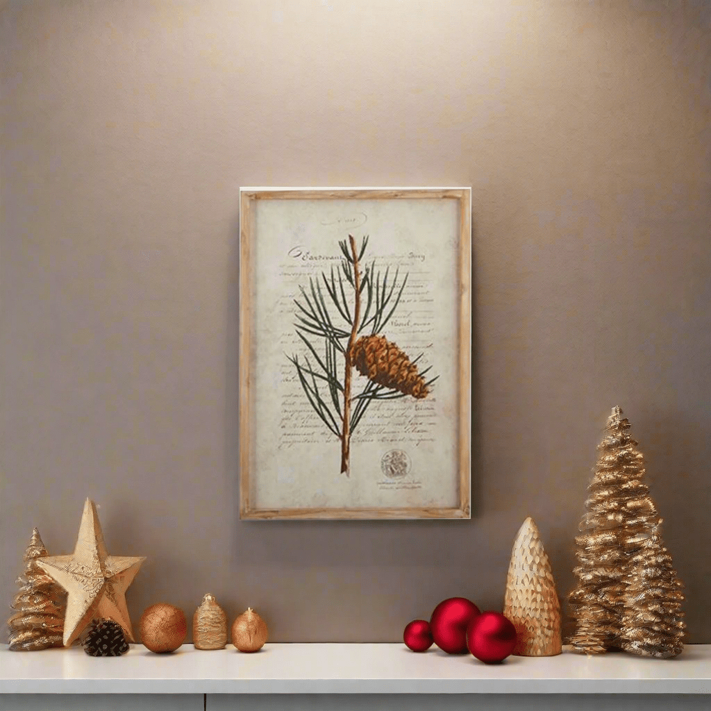 22" Pinecone Branch Framed Wood Wall Art - Rustic Winter Print by Tina Higgins - Nifty Decor & More