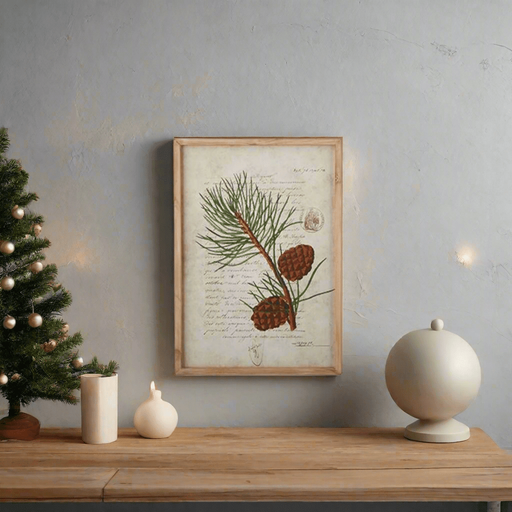 22" Pinecone Branch Framed Wood Wall Art - Rustic Winter Print by Tina Higgins - Nifty Decor & More