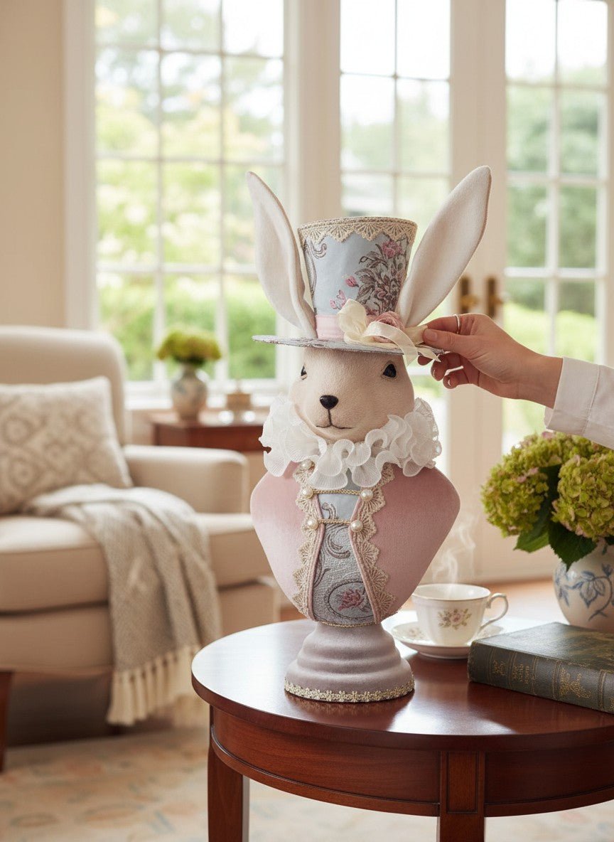 23" Blue Floral Easter Bunny Bust with Top Hat - Whimsical Spring Decor - Nifty Decor & More