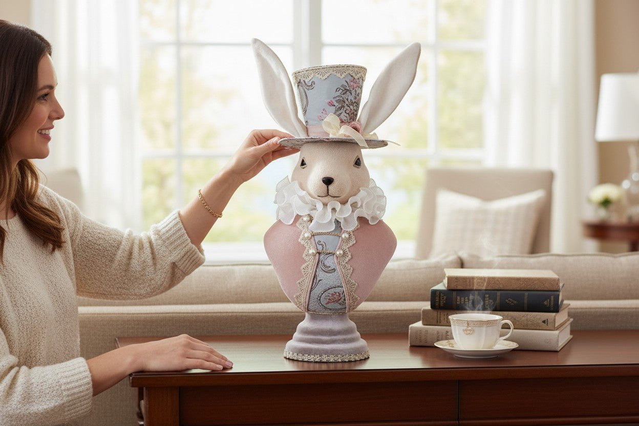 23" Blue Floral Easter Bunny Bust with Top Hat - Whimsical Spring Decor - Nifty Decor & More