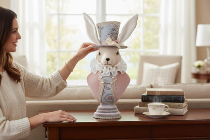 23" Blue Floral Easter Bunny Bust with Top Hat - Whimsical Spring Decor - Nifty Decor & More