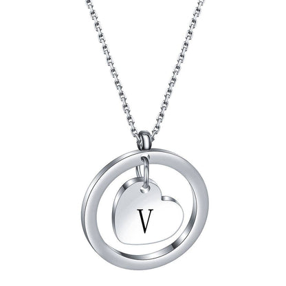 Initial Heart Charm In Ring Stainless Steel Necklace Initial Necklace V