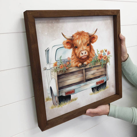 Highland Cow in Truck with Flowers | Rustic Farmhouse Decor | Vintage Animal Art Print | Country Home Wall Art