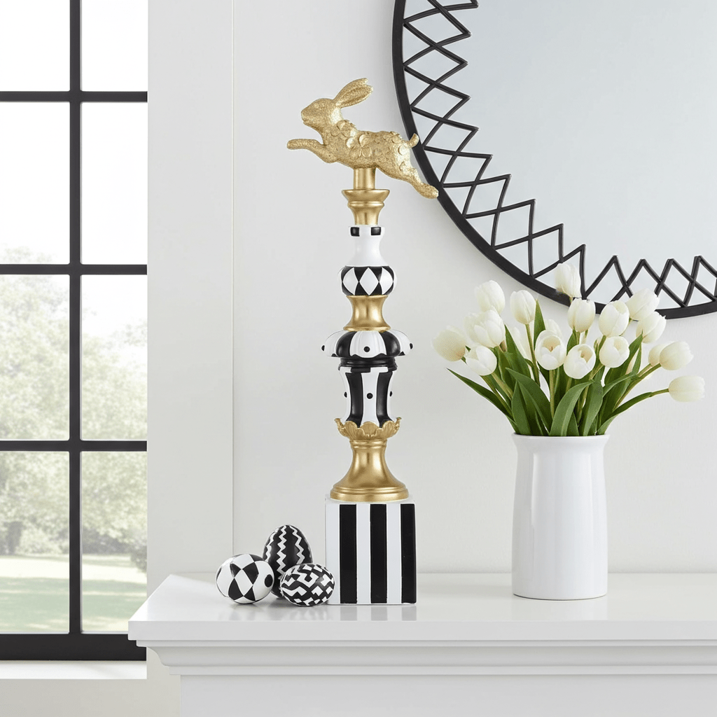 24.5" Checkered Easter Bunny Finial - Gold, Black & White Spring Decor - Nifty Decor & More