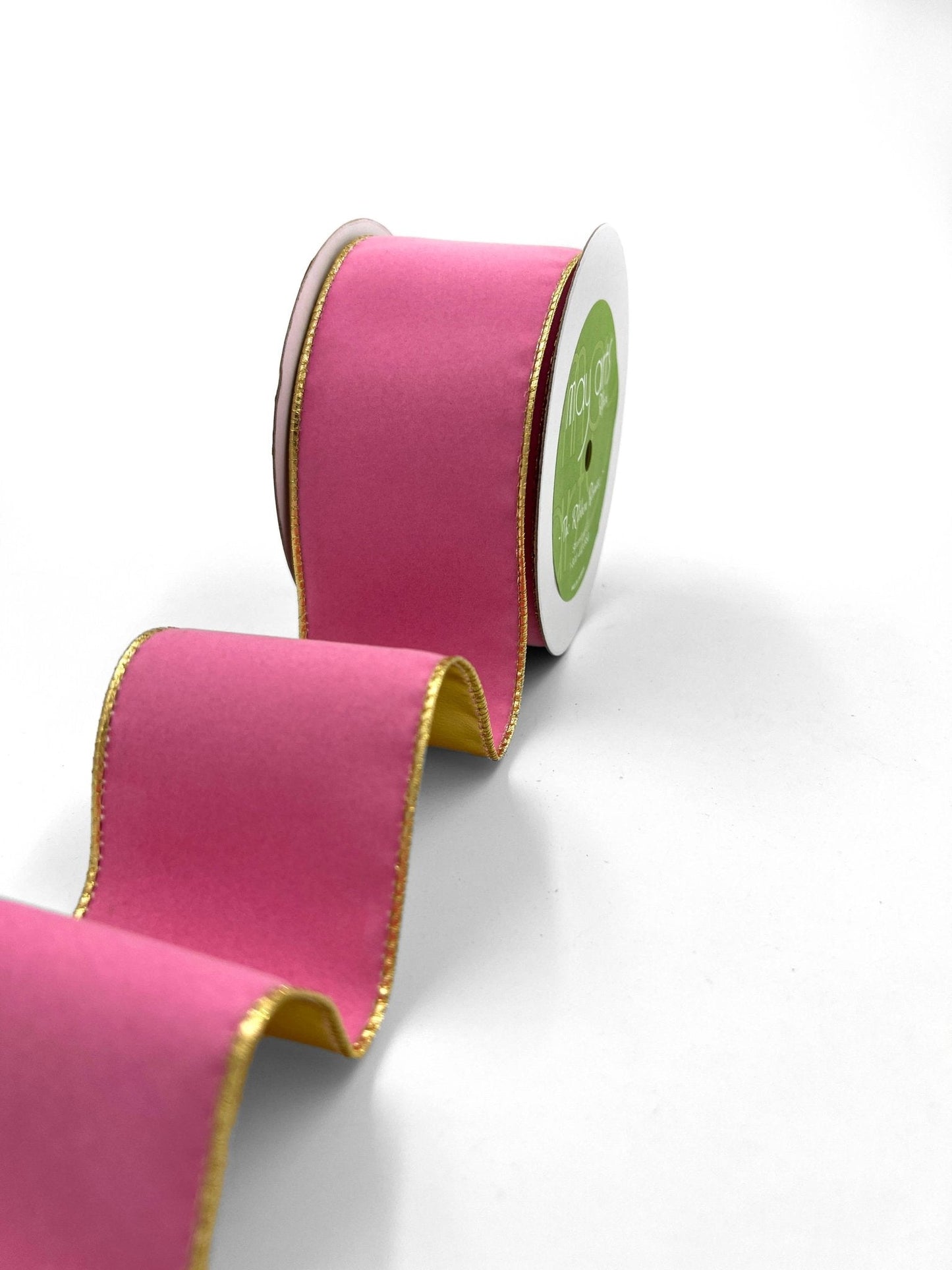 2.5" Bubblegum Pink Velvet Reversible Gold Wired Ribbon - Nifty Decor & More