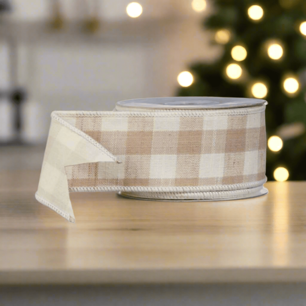2.5" X 10 Yds Beige Gingham Ribbon - Nifty Decor & More
