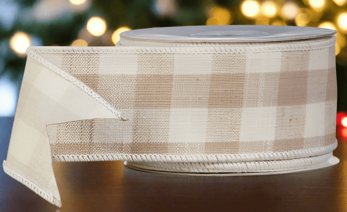 2.5" X 10 Yds Beige Gingham Ribbon - Nifty Decor & More