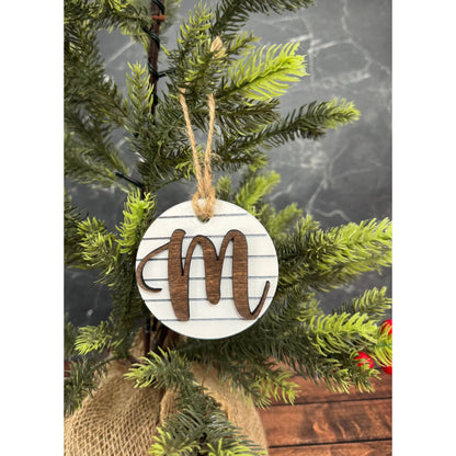 Shiplap Initial Christmas Ornament - Cursive Font Christmas Ornament M - Cursive Dark letter/White backing 