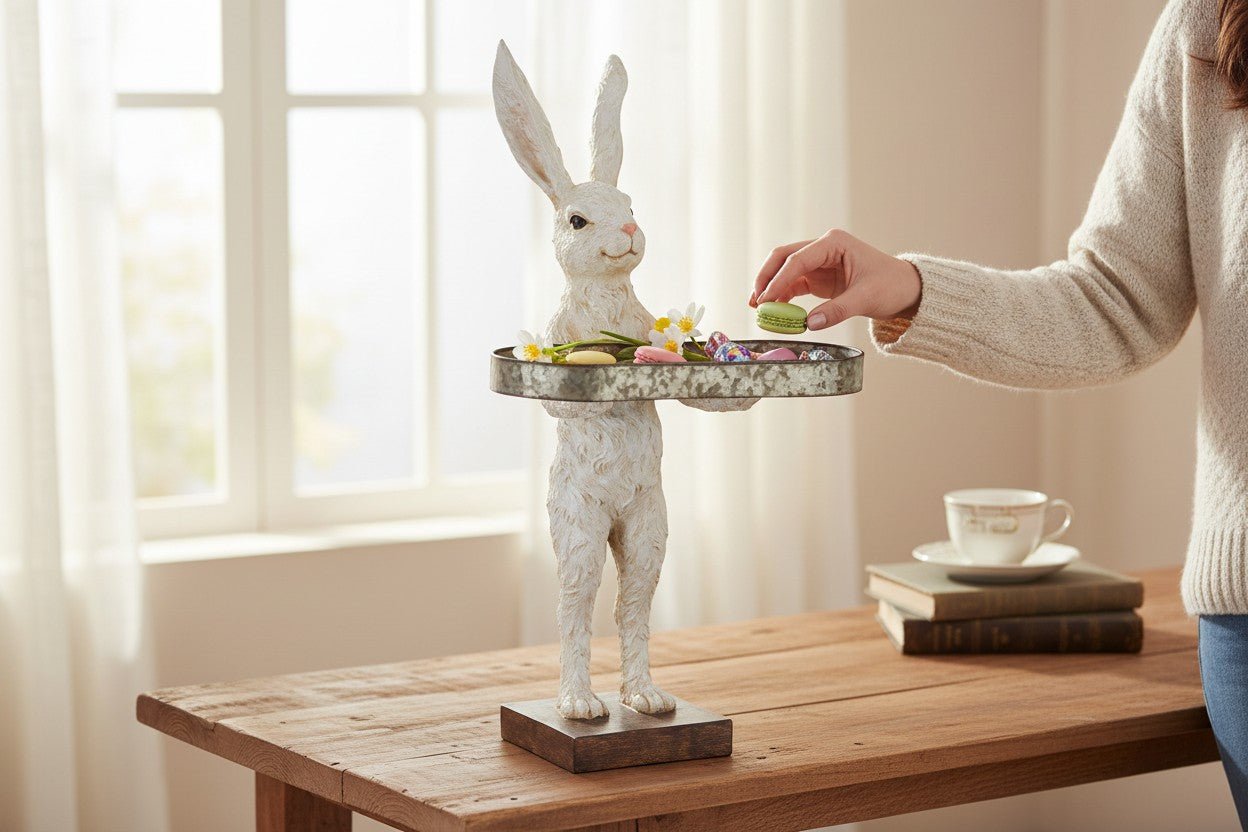 28" Rabbit with Tray | Spring Home Decor | Cute Bunny Figurine for Easter & Spring | Seasonal Decorative Accent - Nifty Decor & More