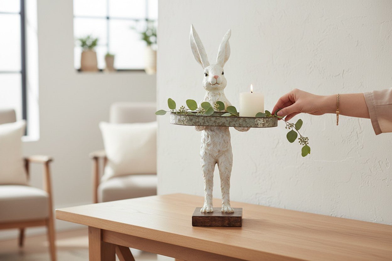 28" Rabbit with Tray | Spring Home Decor | Cute Bunny Figurine for Easter & Spring | Seasonal Decorative Accent - Nifty Decor & More
