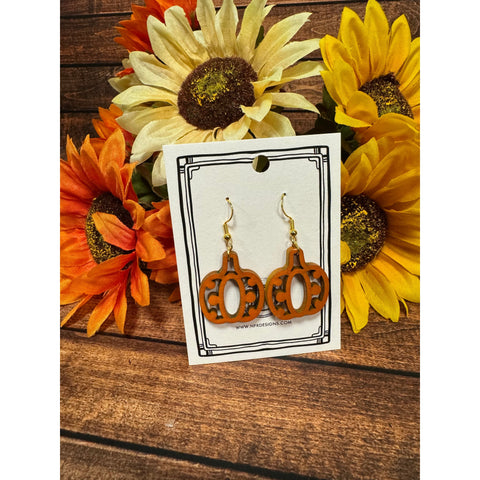 Wooden Pumpkin Earrings  Ornate Circle Orange Gold