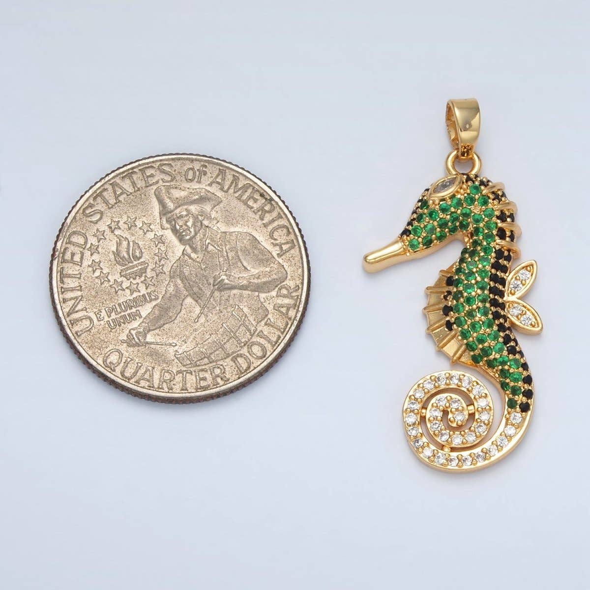 Green Sea Horse Pendant 24K Gold Filled Green Micro Paved Sea Horse Ocean Animal Pendant