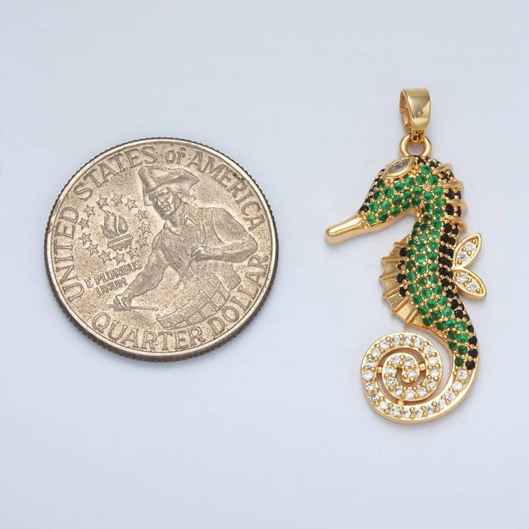 Green Sea Horse Pendant 24K Gold Filled Green Micro Paved Sea Horse Ocean Animal Pendant