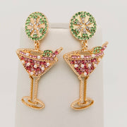 Lemon Slice & Rhinestone High Wine Glass Earrings, Vibrant Cocktail Inspired Jewelry, Fun Gift for Girly Glam Chic Earrings