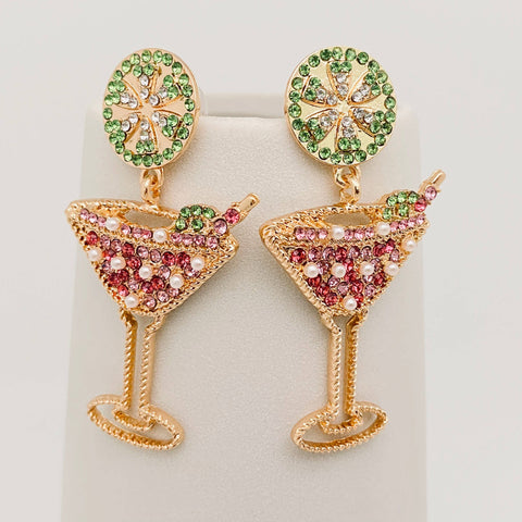 Lemon Slice & Rhinestone High Wine Glass Earrings, Vibrant Cocktail Inspired Jewelry, Fun Gift for Girly Glam Chic Earrings
