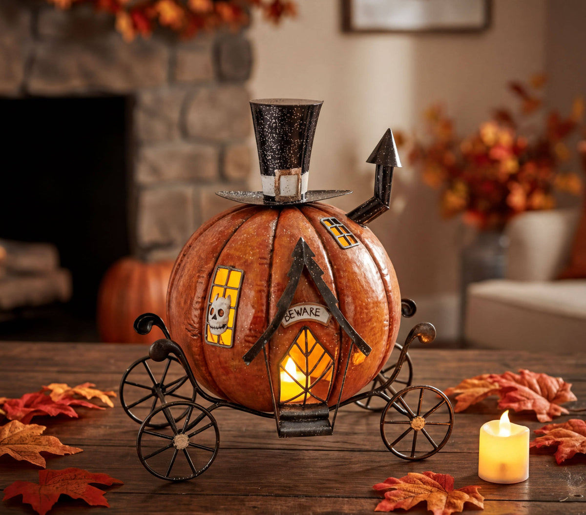 Metal Halloween Pumpkin Carriage w/ Battery Power LED Lights