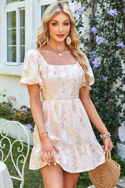 Floral Puff Sleeve Mini Dress, Stylish Square Neck Knot & Open Back, Perfect for Summer Parties & Chic Gifts Dress